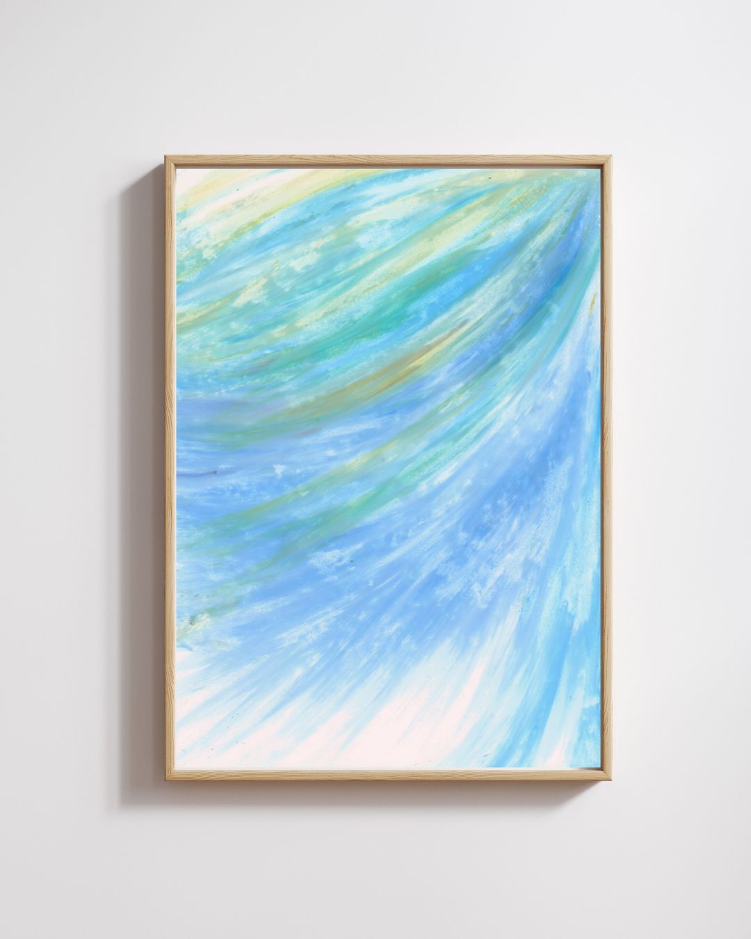 Rays of cosmic Christ A4 oil pastel drawing of blue and yellow colors in the form of a wing. framed in wooden frame.