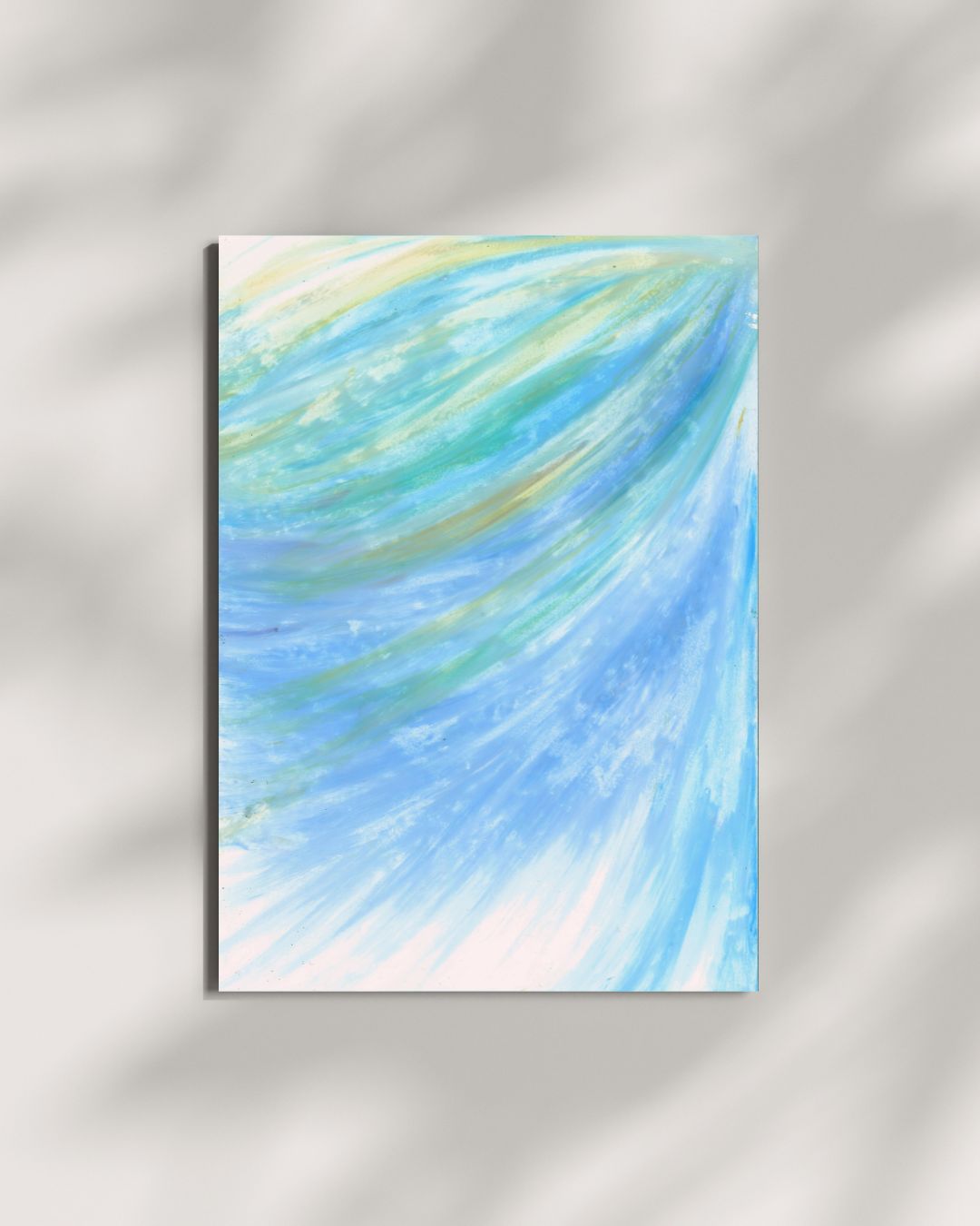 Rays of cosmic Christ A4 oil pastel drawing of blue and yellow colors in the form of a wing.