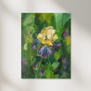painting of Yellow purple iris on green abstract background