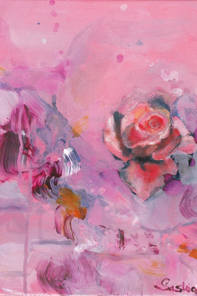 Abstract painting of a single orange rose on a soft pink and purple background, with expressive brushstrokes and touches of orange and white.