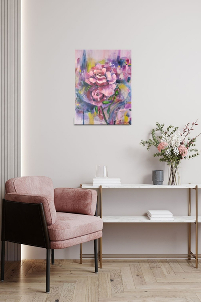 Painting of 3 pink rozes on abstract purple, lila and yellow background. Painting is hanging above blush chair