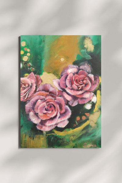 3 pink roses on a green gold abstract background painting