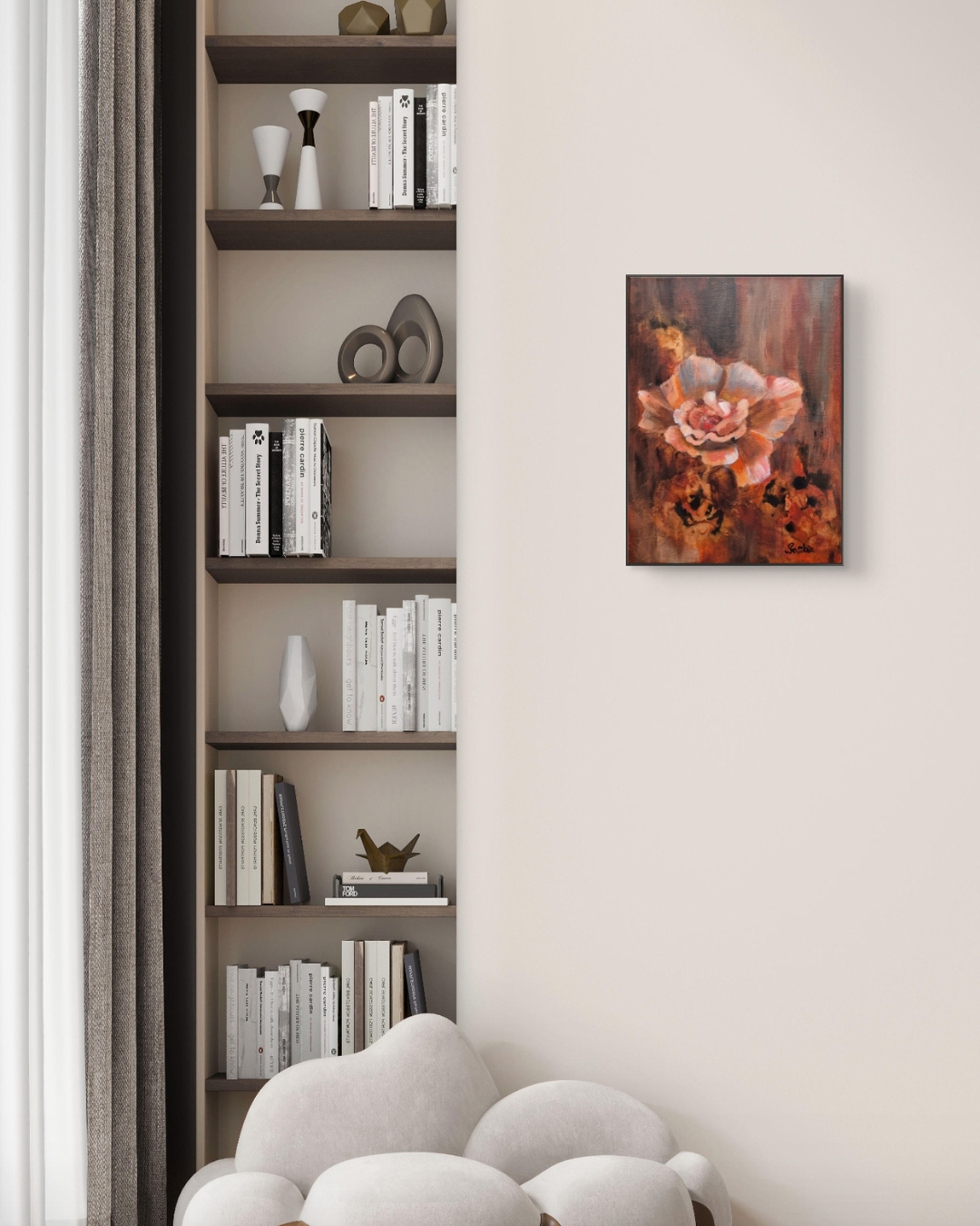 Embers to Blosseom - a 30 x 40 cm acrylic rose painting of a rose emerging from deep earhtly reds and browns, evoking warmth and transformation