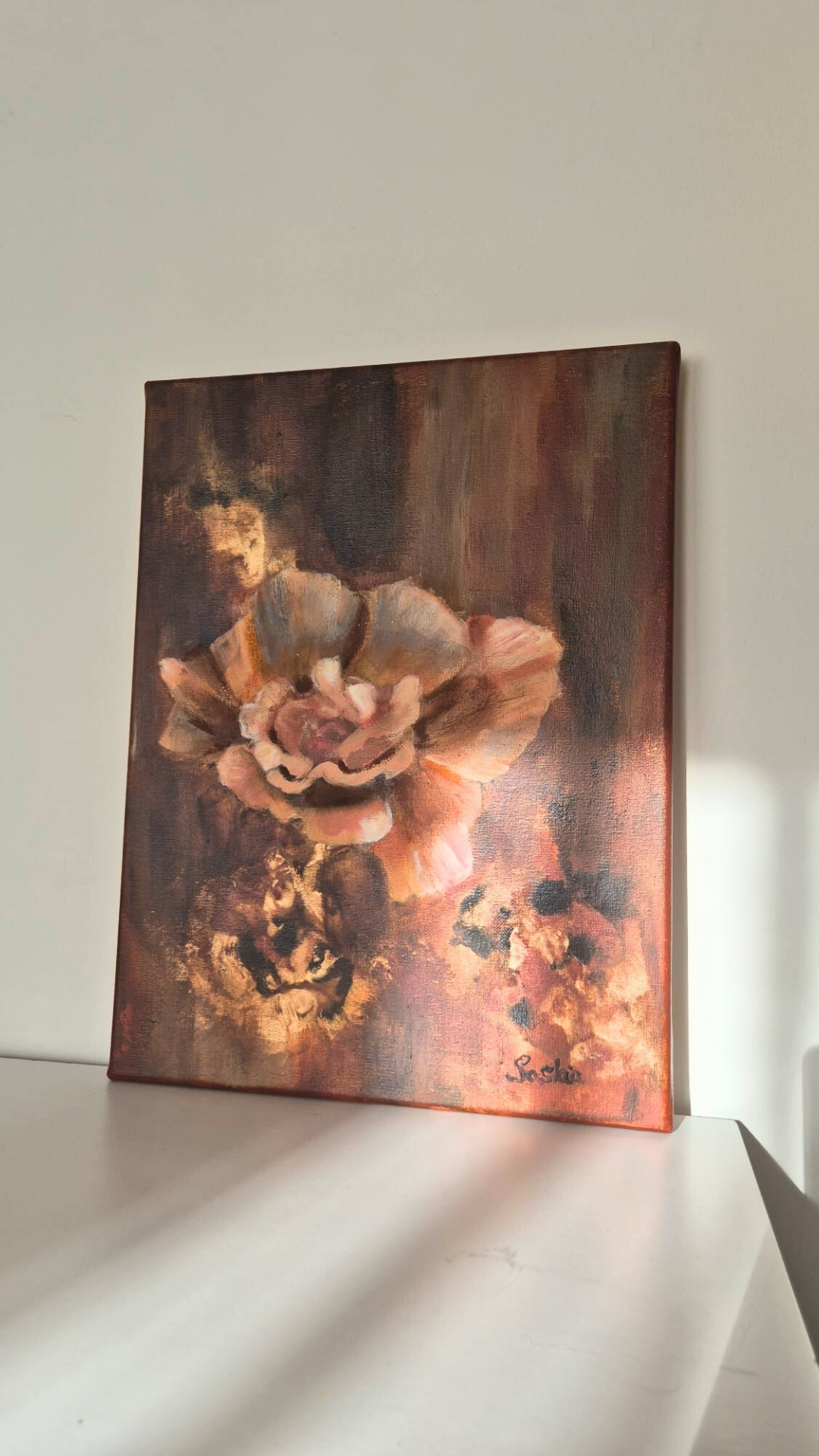 Embers to Blosseom - a 30 x 40 cm acrylic rose painting of a rose emerging from deep earhtly reds and browns, evoking warmth and transformation