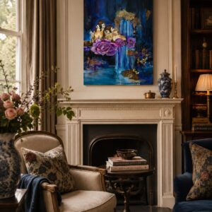 A painting of two sparrows perched amongst purple roses beside a blue waterfall, with gold accents on a deep blue background. The painting hangs above a fire place in a warm interior with blue accents.