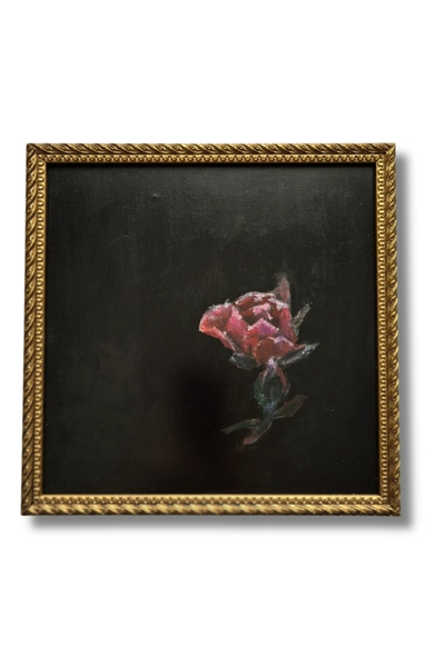 Original oil pastel painting of a single red rose on a dark background in an ornate gold frame.