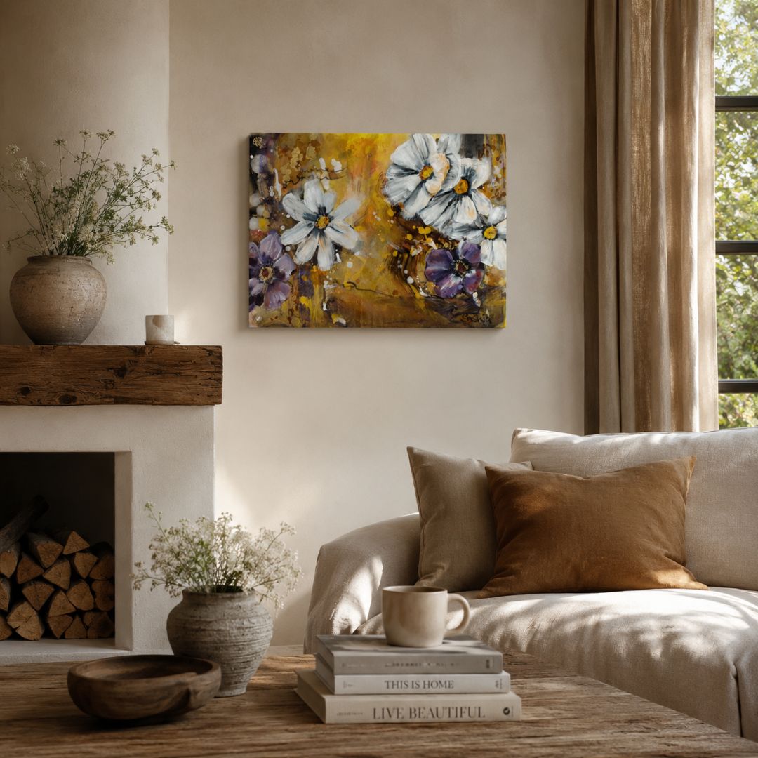 A painting created with acrylic and oil paint, featuring white and purple cosmos flowers against a warm yellow and brown background. The artwork combines expressive brushstrokes and soft textures, evoking a sense of lightness and natural harmony.
