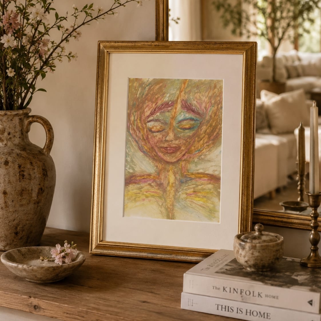 Oil pastel artwork on A4 paper featuring a portrait of a woman with closed eyes and a feather crown in her hair. The colors are brown, dark yellow, and natural tones.